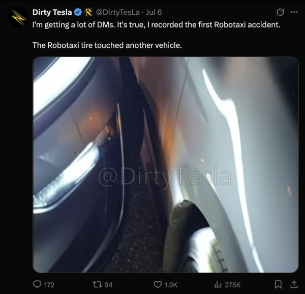 見證歷史時刻 Tesla Robotaxi 首撞 泊車失敗後撞向隔籬車