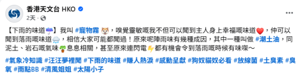 落雨行雷有陣味？天文台拆解雨後芬芳之謎 全因雨滴「撞」泥土釋放神秘氣體