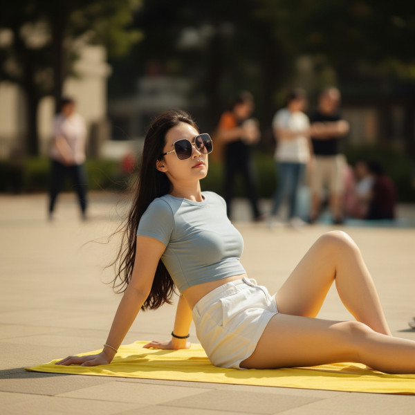 王女士在今年三伏天期間，每日中午12時至下午2時，身穿單薄衣物在社區空地連續9天，曝曬2小時。（AI製圖）