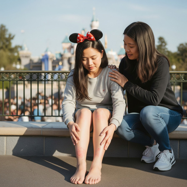 皮疹在迪士尼樂園遊客中也頗為常見，故被稱為「迪士尼皮疹」。（AI製圖）