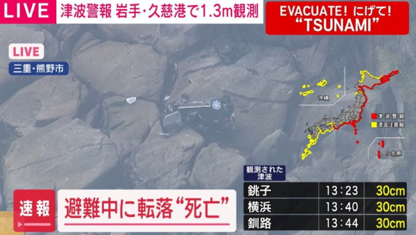 俄羅斯地震 | 日本海嘯 | 日本熊野市女子駕車避海嘯 意外墮崖頭部受創 送院3小時後離世 