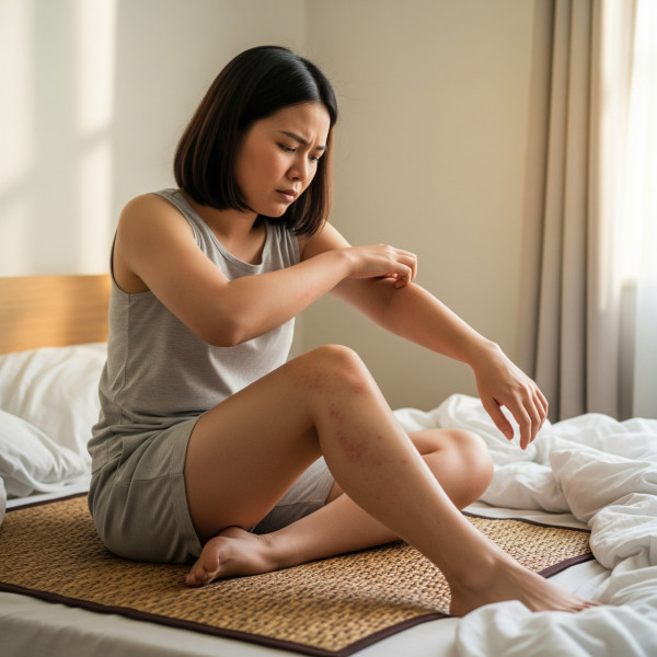 福建張女士一覺醒來，發現手腳及腰腹部冒出多處紅疹，還伴隨著劇烈搔癢。（AI製圖）