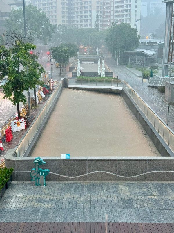 黑雨水浸｜觀塘翠屏河驚變「黑雨泳池」水位直逼行人路 目擊者：就嚟水滿啦！