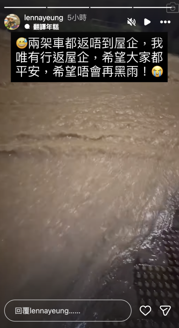 黑雨｜楊卓娜暴雨下著白波鞋腳浸泥水澤地 歸家路涉水而行：「兩架車都返唔到」