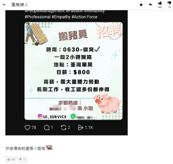 荃灣屠房請「搬豬員」日薪$800極短工時 網民揭1個原因寧願返地盤？