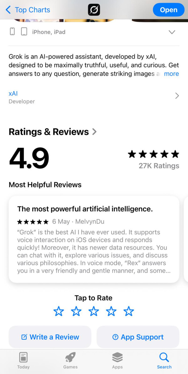 港人最愛 AI App Grok登香港App Store榜首 馬斯克親發文認證
