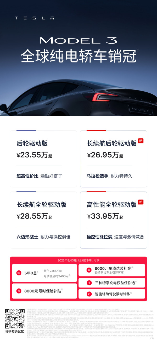 新車正式登陸！Tesla推Model 3長續航後驅版 續航830km售價XX萬起