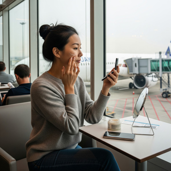 登機前，在脫毛部位塗上無香味的保濕霜，為皮膚建立一層保護屏障。（AI製圖）