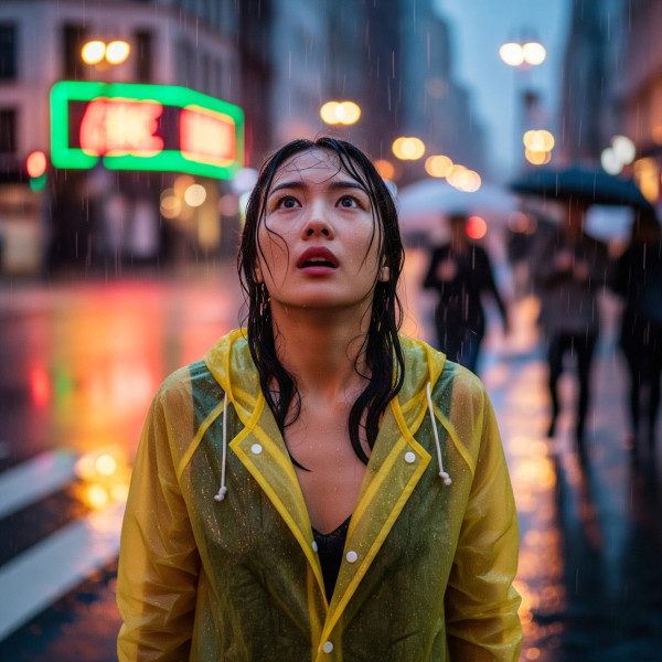 河南一名女子在外突然遭遇暴雨，雖然穿著雨衣，但頭部仍淋了10多分鐘的雨。（AI製圖）