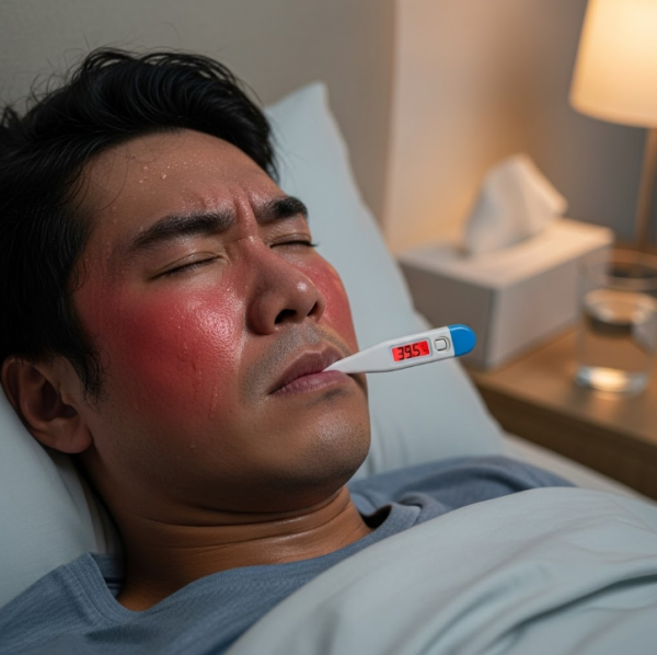 湖南長沙一名29歲男子，在下夜班途中淋雨後，當晚便出現發燒與頭痛。隔天病情迅速惡化，體溫飆升至39.5度。（AI製圖）