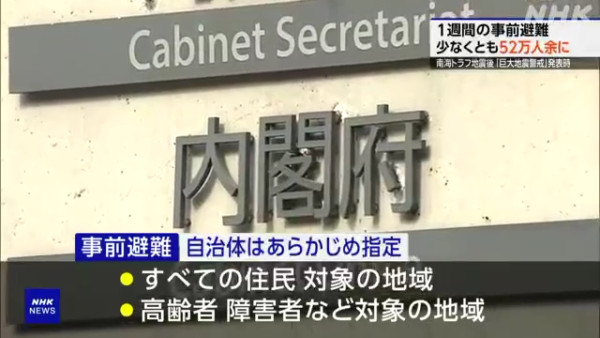 日本政府估計南海海槽一旦發生大地震 逾52萬人需提前一週避難