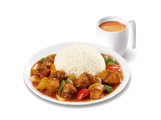 味菜排骨飯（午/晚市供應）配凍綠茶/熱飲/汽水 $52配粒粒紅豆奶茶 $56