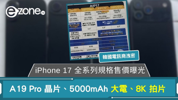 iPhone 17 全系列規格售價電訊商意外曝光 A19 Pro 晶片、5000mAh 大電、8K 拍片？