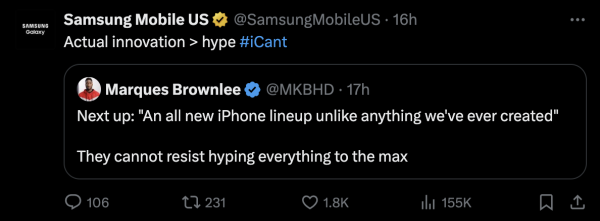 Apple發佈會續集 Samsung啟動「嘲諷模式」連環發帖狂踩 iPhone 17 4個賣點