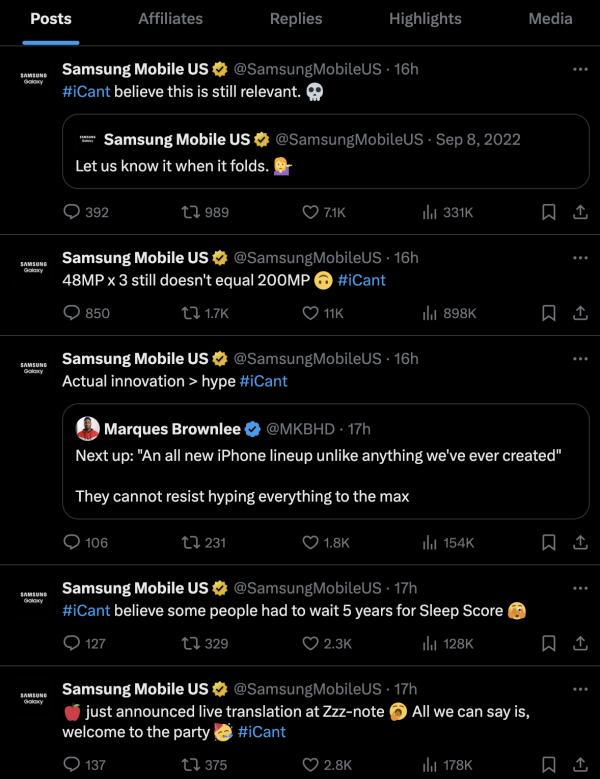 Apple發佈會續集 Samsung啟動「嘲諷模式」連環發帖狂踩 iPhone 17 4個賣點