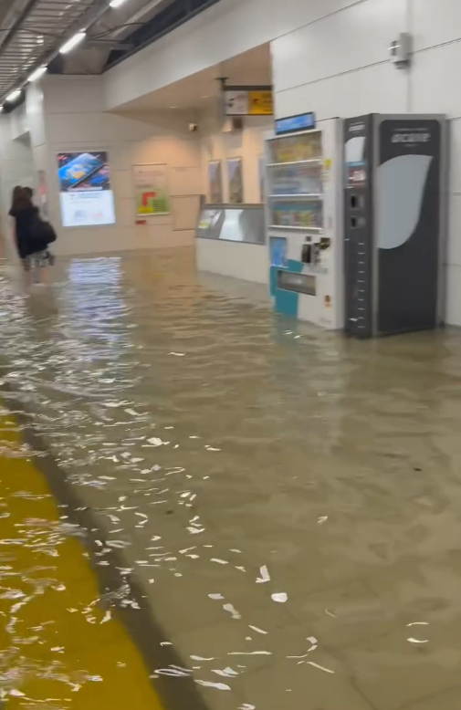 有片!東京破紀錄暴雨!市區多處水浸地裂、JR站慘變瀑布水舞間
