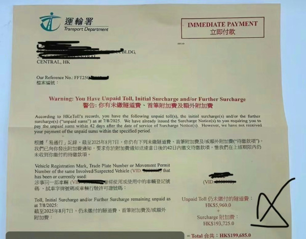 內地男拖欠隧道費罰19萬 選擇著草返大陸 網民熱議：自首吧