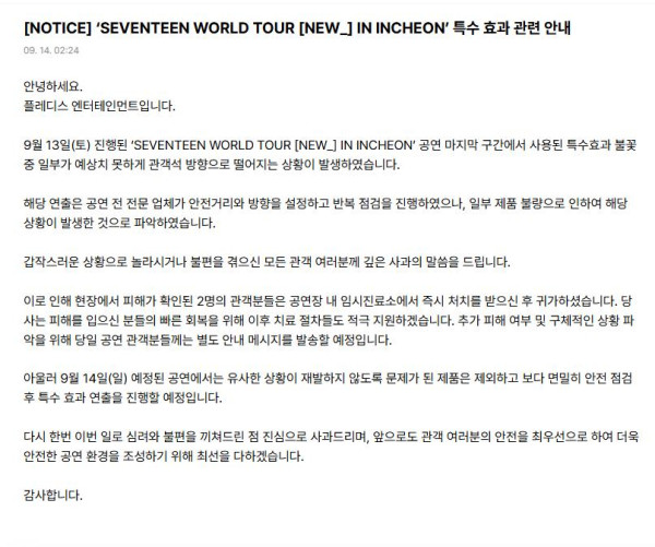 SEVENTEEN仁川演唱會煙花射向觀眾席多人燙傷!港台粉絲親證:差點出人命!