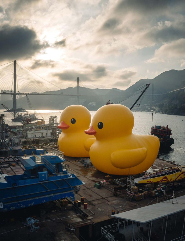 (圖片:AllRightsReserved fb) 網民驚見巨型多啦A夢坐豆沙包停留青衣船廠!準備今秋維港遊料大量遊客訪港