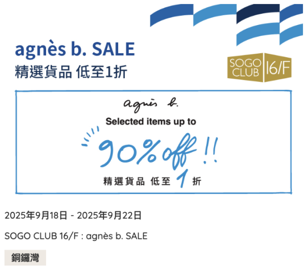 銅鑼灣agnès b.開倉低至1折！設超抵$200/5件專區！太陽眼鏡/手袋/銀包$100起