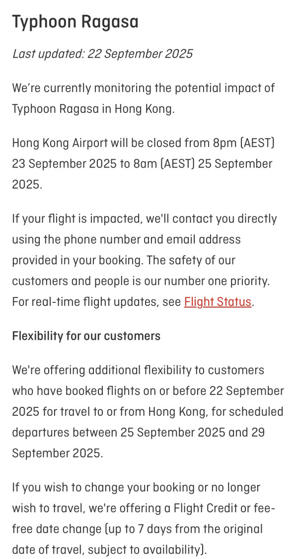 颱風樺加沙｜機管局：周二傍晚6時起至周三全日停飛 國泰取消逾500架航班