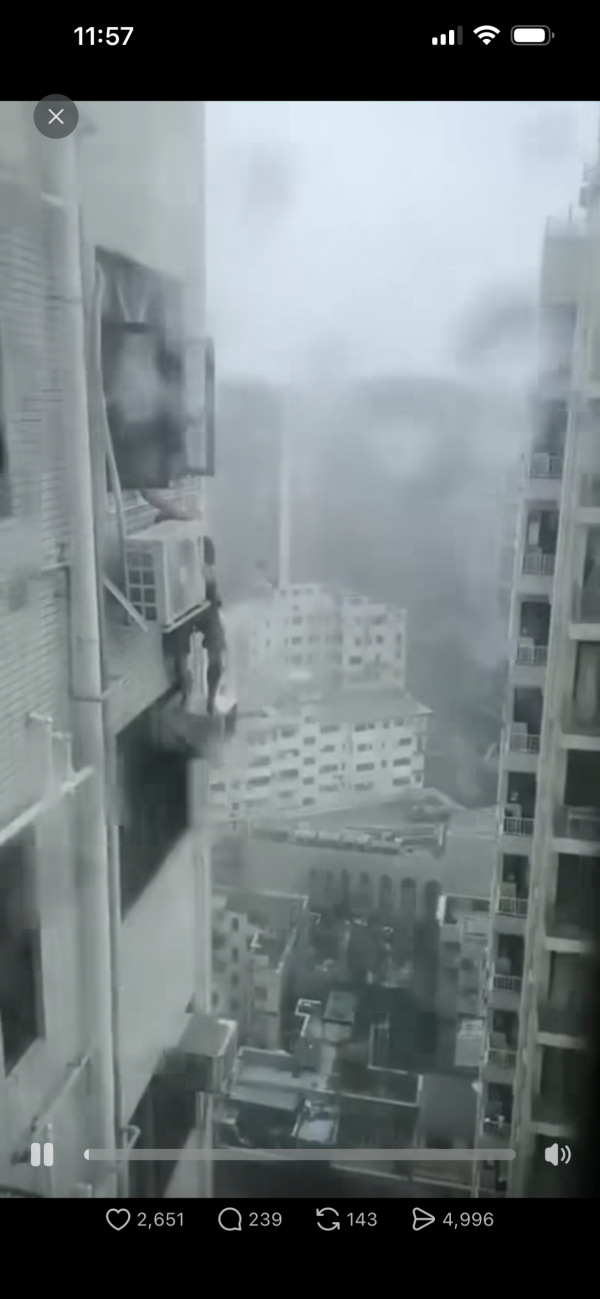 打風｜冷氣工冒颶風危站外牆維修 疑零裝備兼做一動作惹批評 網民：條命真係唔值錢？