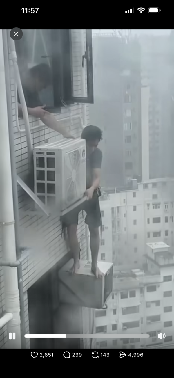 打風｜冷氣工冒颶風危站外牆維修 疑零裝備兼做一動作惹批評 網民：條命真係唔值錢？