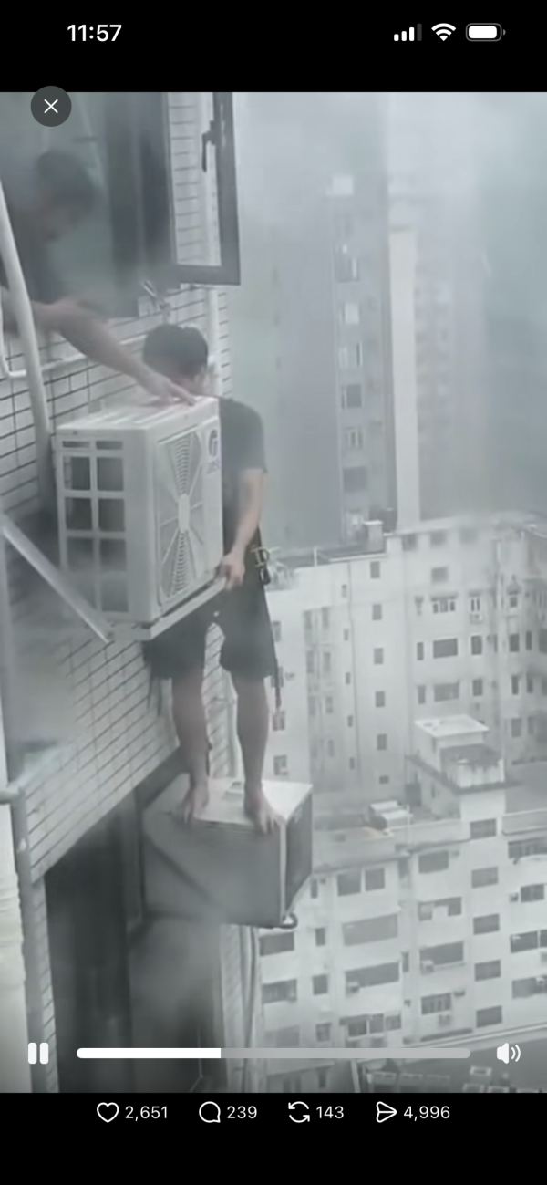 打風｜冷氣工冒颶風危站外牆維修 疑零裝備兼做一動作惹批評 網民：條命真係唔值錢？