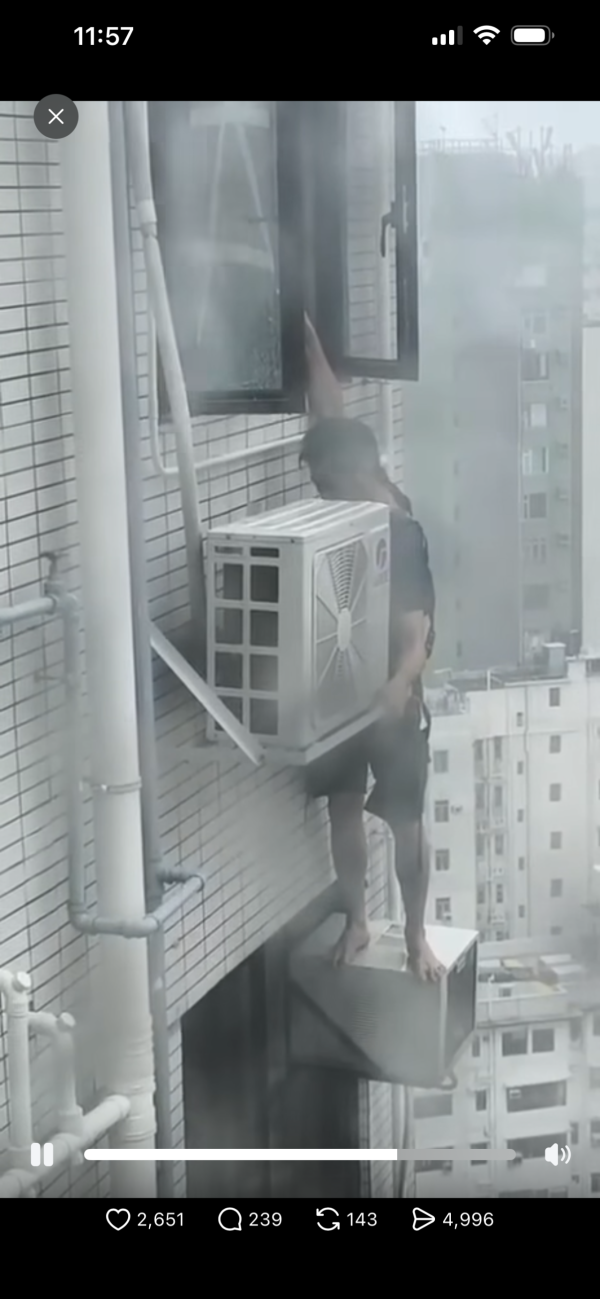 打風｜冷氣工冒颶風危站外牆維修 疑零裝備兼做一動作惹批評 網民：條命真係唔值錢？