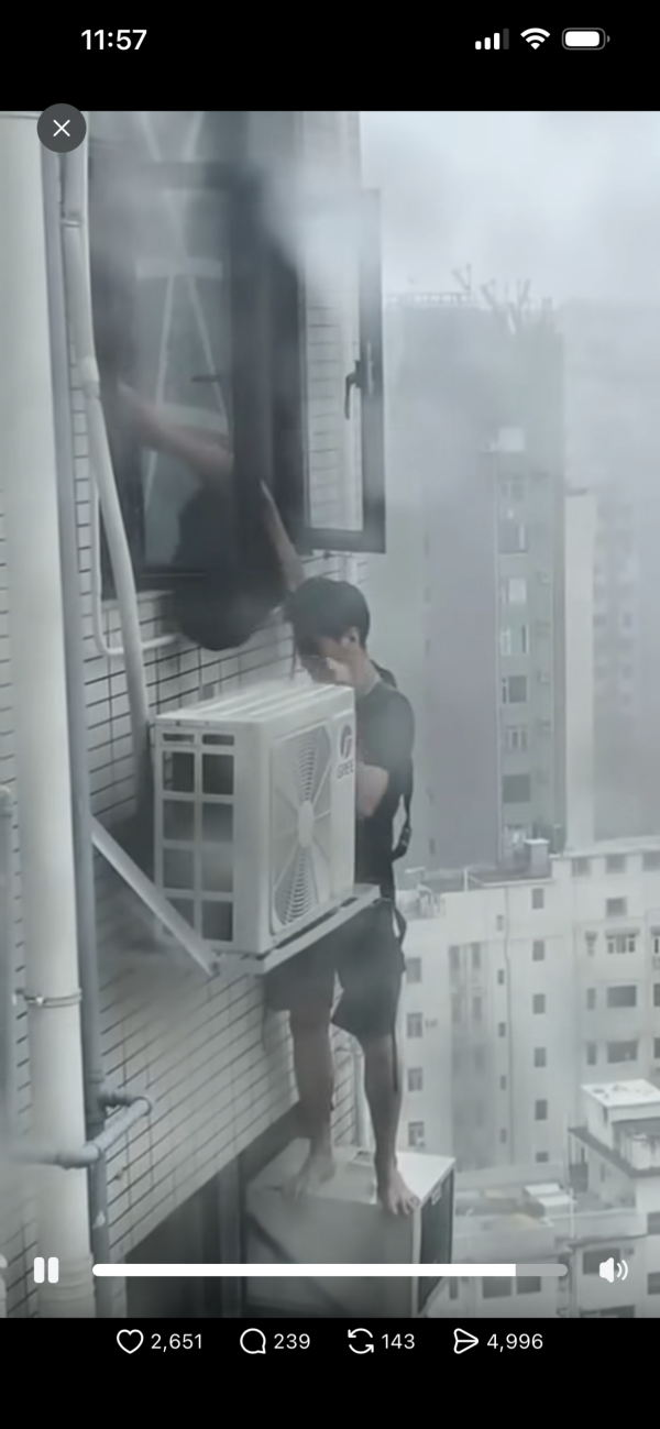 打風｜冷氣工冒颶風危站外牆維修 疑零裝備兼做一動作惹批評 網民：條命真係唔值錢？