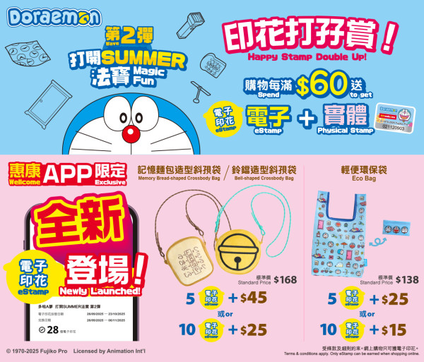 惠康全新印花換領活動！笑印換新一輪多啦A夢精品！鈴鐺造型/記憶麵包造型斜孭袋/輕便環保袋