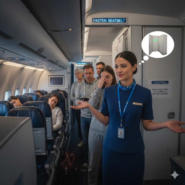 (AI生成圖片) 搭長途機去廁所唔想等長龍?旅遊專家分享如廁時間避人潮「最佳時機」