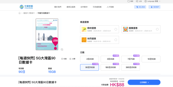 5G大灣區90日SIM卡劈價 限時低至$88 包15GB中港澳數據