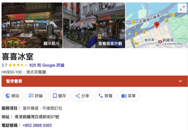 銅鑼灣人氣冰室「喜喜冰室」傳出結業。