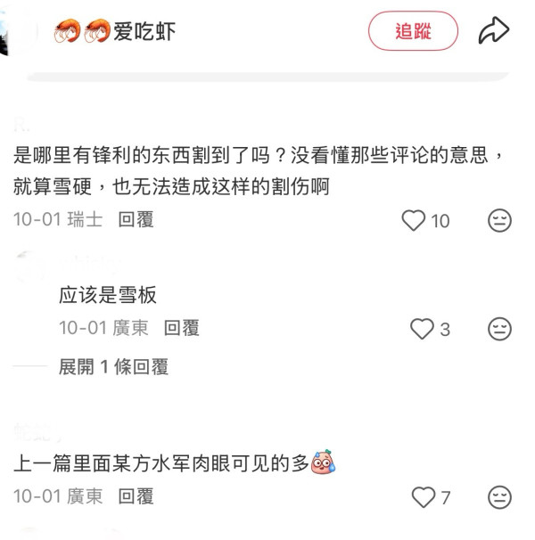 事主滑雪受傷(圖片：愛吃蝦@小紅書）