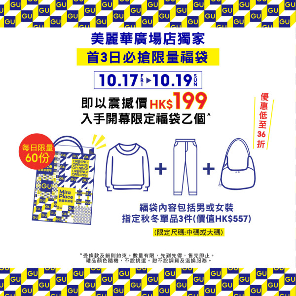 GU尖沙咀美麗華廣場店10.17重開！6大開張優惠 限時特價$79/$199福袋/全新《飛天小女警》系列