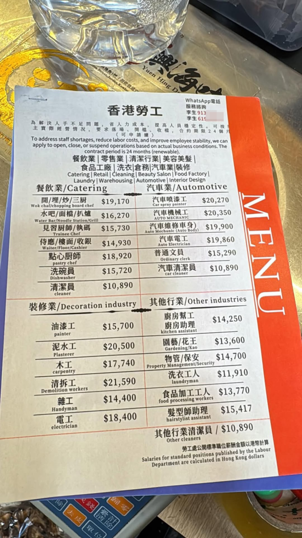 網上瘋傳香港勞工價碼表！一行業月薪僅有一萬？圖片來源：裁員炒人消息關注組