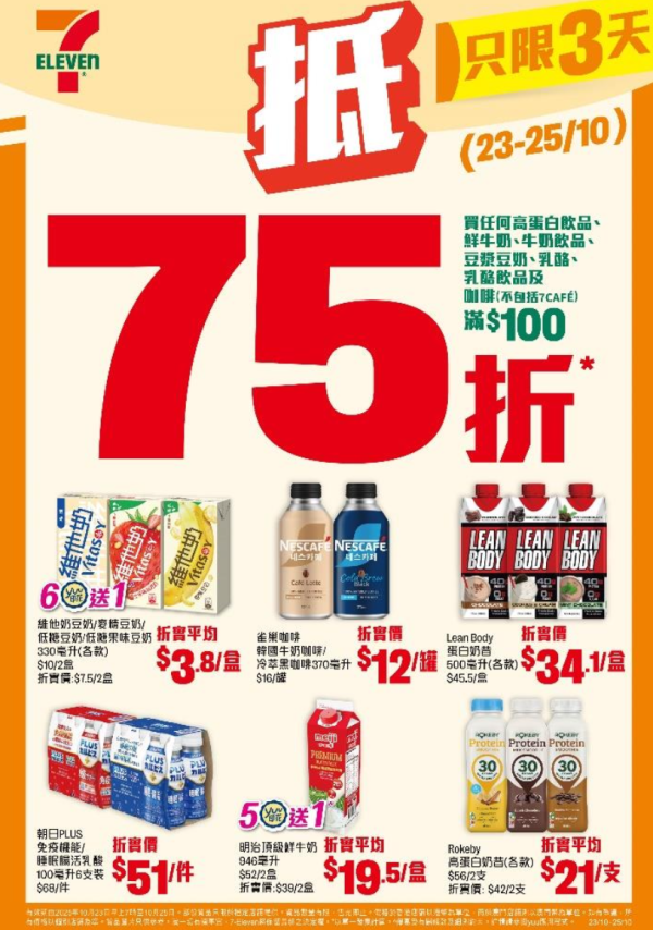 7-Eleven 一連3天75折優惠！維他奶/雀巢咖啡/明治牛奶/蛋白奶昔$3.8起！