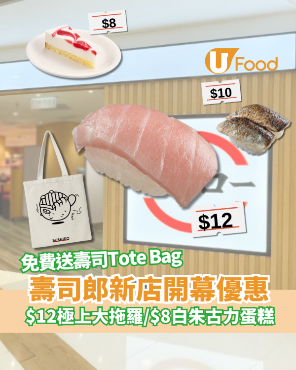 壽司郎元朗新店開幕優惠！極上大吞拿魚腩$12／特大三文魚腩$17／免費送萌抱壽司Tote Bag