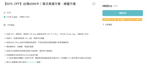 【電話卡推介攻略】精選 8 款台灣 eSIM 低至$1.1/天 一文睇清「吃到飽」、實名登記