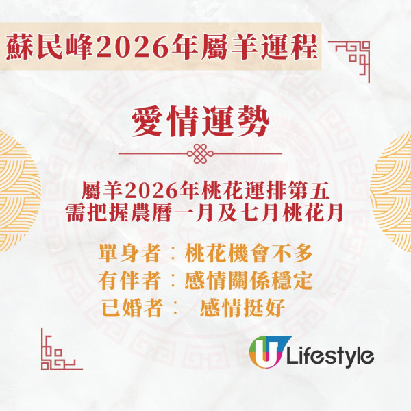 蘇民峰2026馬年運程︱屬羊太歲相合人緣大旺 財運排第4/吉星「太陽」助升職!
