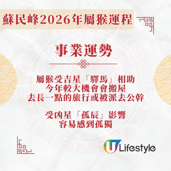 蘇民峰2026馬年運程︱屬猴遇吉星「驛馬」易搬家公幹 夏天出世屬猴者轉工要謹慎!