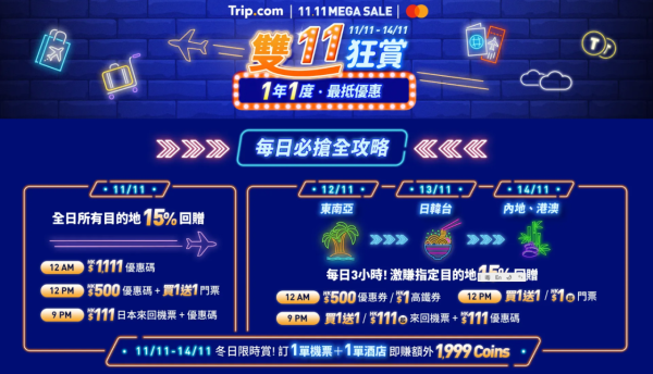 雙11優惠2025｜Klook/KKday/Trip.com旅遊優惠懶人包！機票買一送一/免費來回機票/酒店低至18折 