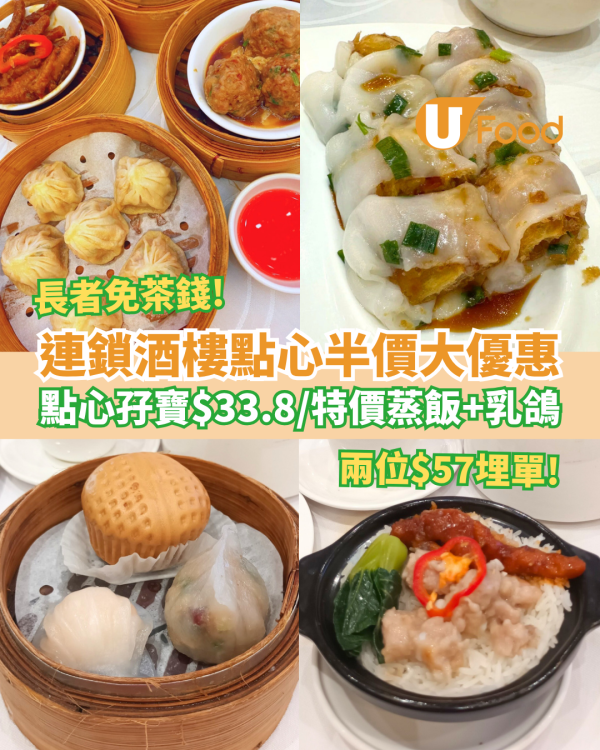 連鎖酒樓點心半價大優惠 點心孖寶$33.8起／長者免茶錢／兩位$57埋單