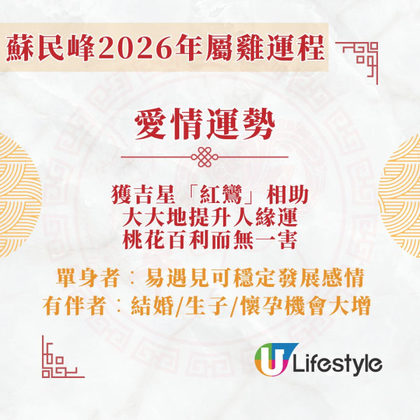 蘇民峰2026馬年運程︱屬雞桃花運排第一 「紅鸞星動」單身易遇良緣/吉星利女性合作