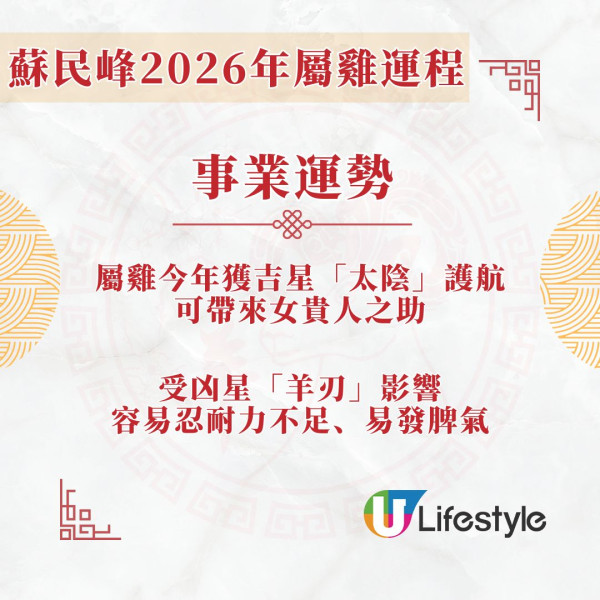 蘇民峰2026馬年運程︱屬雞桃花運排第一 「紅鸞星動」單身易遇良緣/吉星利女性合作