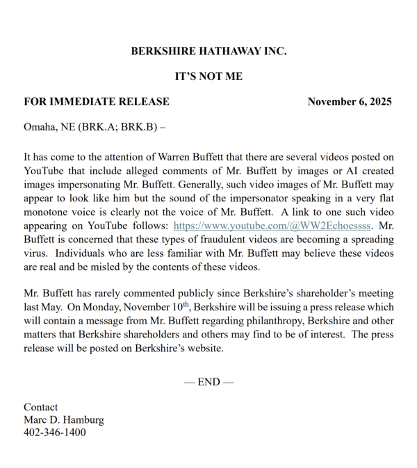 巴郡點名一YouTube頻道 利用假巴菲特「AI聲」教投資呃過百萬點擊！ 股神親上火線：簡直是詐騙