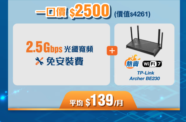 2.5Gbps光纖寛頻免安裝費平均$139 18個月合約送WiFi 7 Router