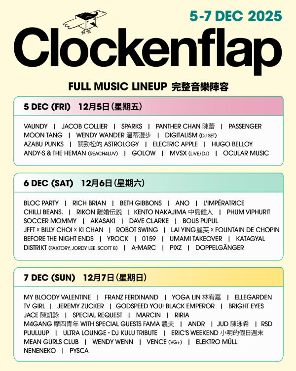 Clockenflap 2025︱Clockenflap 12.5-7回歸中環海濱 即睇首輪演出名單！票價／演出資訊／開售日期（不斷更新）