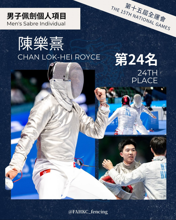 全運會｜張家朗全運會花劍15:2穩勝贏得銅牌  香港劍擊隊累計1銀2銅